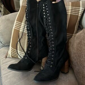 Knee high black suede like lace front zip side boots